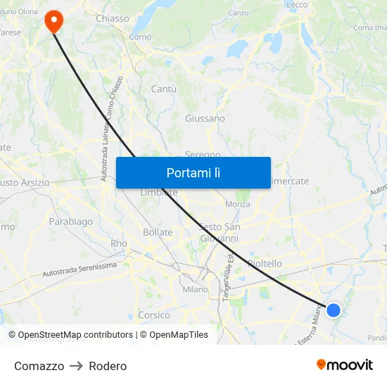 Comazzo to Rodero map