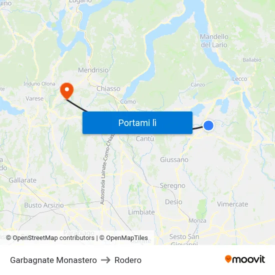 Garbagnate Monastero to Rodero map