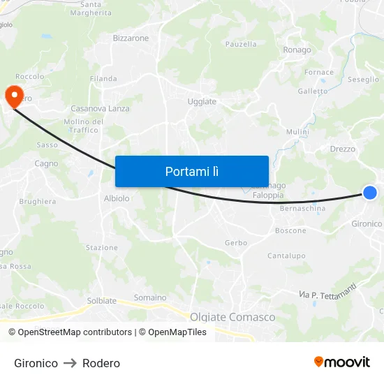 Gironico to Rodero map