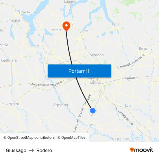 Giussago to Rodero map
