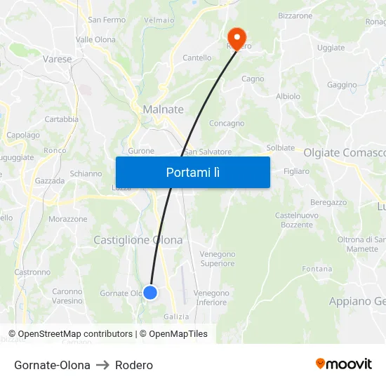 Gornate-Olona to Rodero map