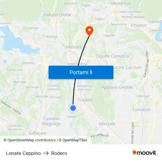 Lonate Ceppino to Rodero map