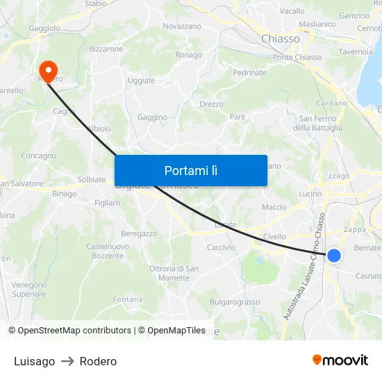 Luisago to Rodero map