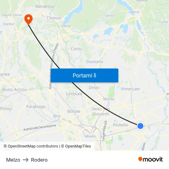 Melzo to Rodero map