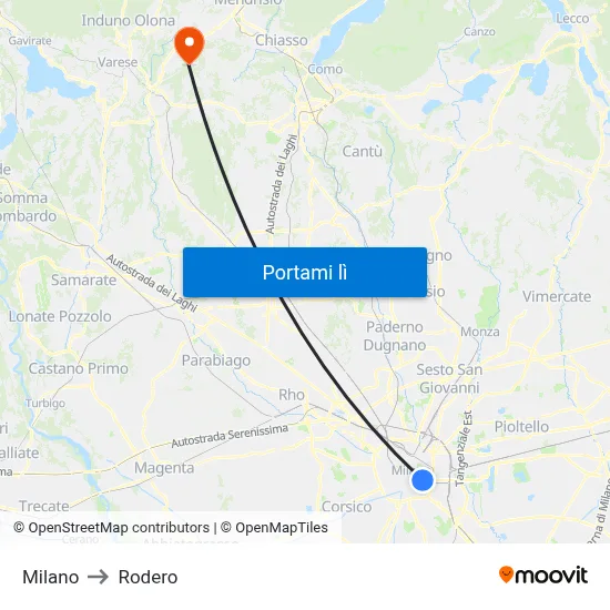 Milano to Rodero map