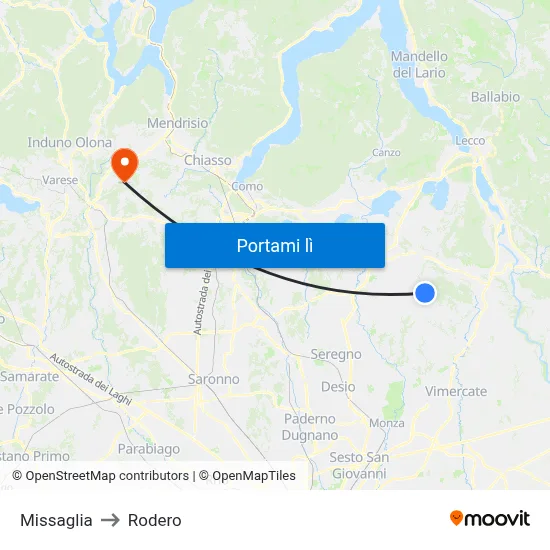 Missaglia to Rodero map