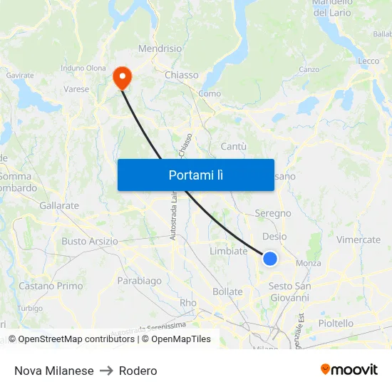 Nova Milanese to Rodero map