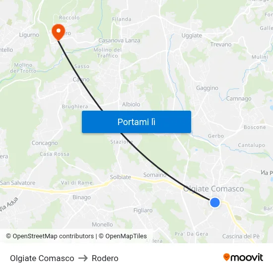 Olgiate Comasco to Rodero map