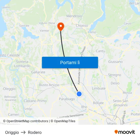Origgio to Rodero map
