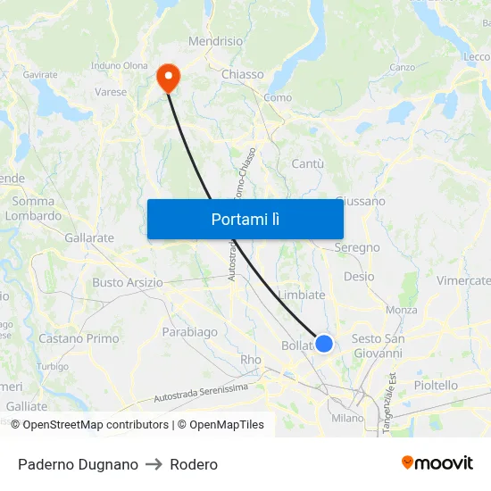 Paderno Dugnano to Rodero map