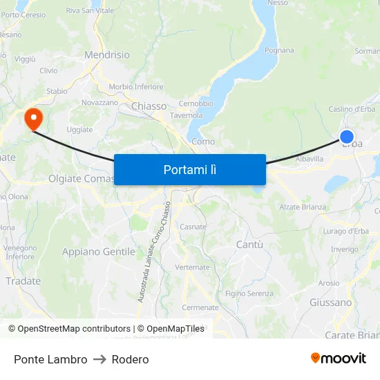Ponte Lambro to Rodero map