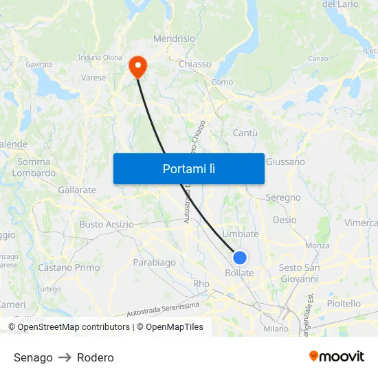 Senago to Rodero map