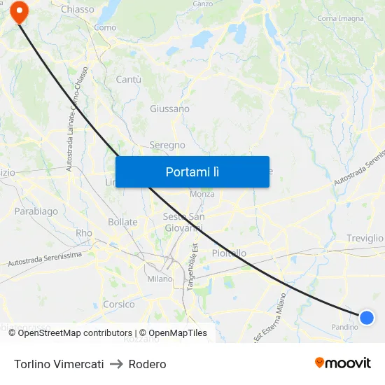 Torlino Vimercati to Rodero map