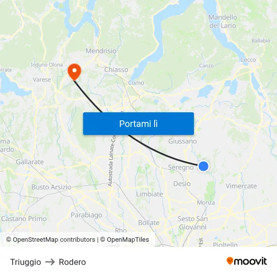 Triuggio to Rodero map