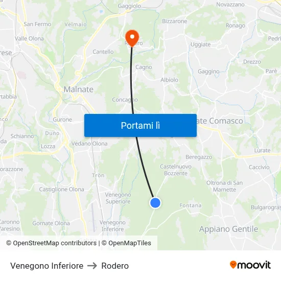 Venegono Inferiore to Rodero map