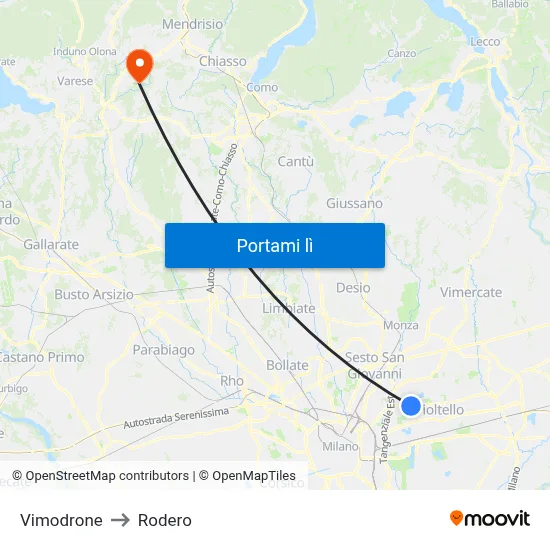 Vimodrone to Rodero map