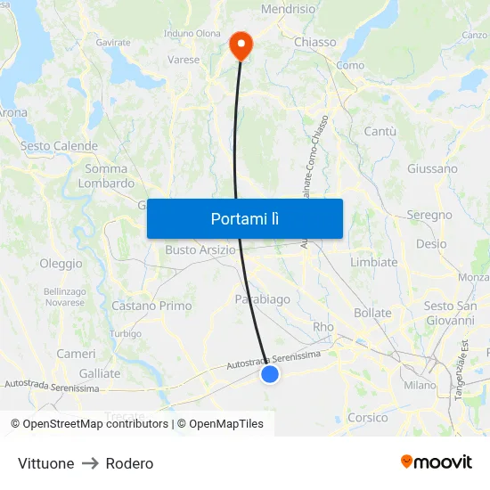 Vittuone to Rodero map