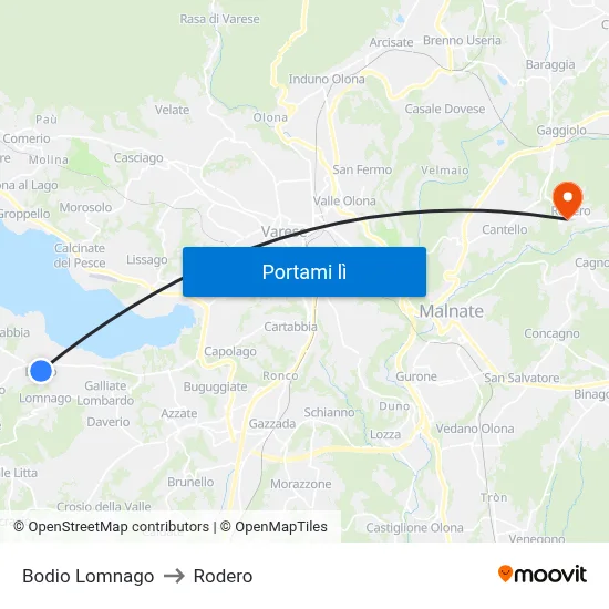 Bodio Lomnago to Rodero map
