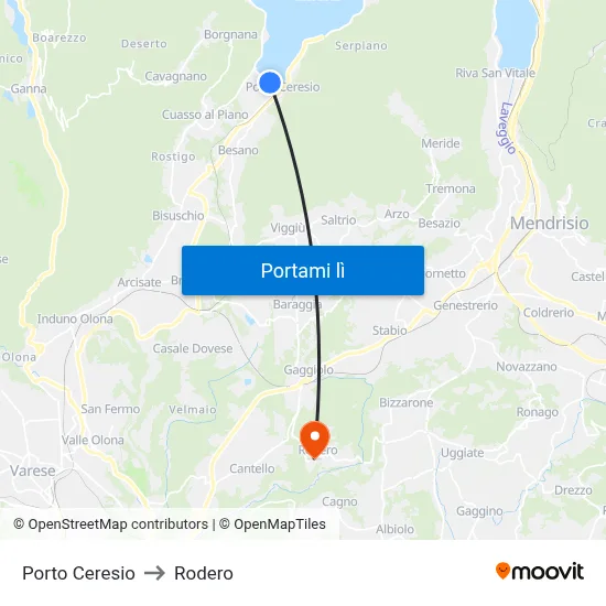 Porto Ceresio to Rodero map