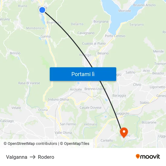 Valganna to Rodero map