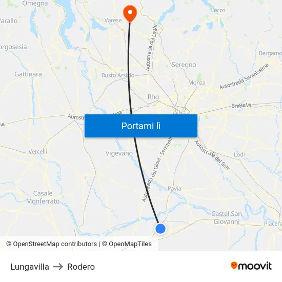 Lungavilla to Rodero map