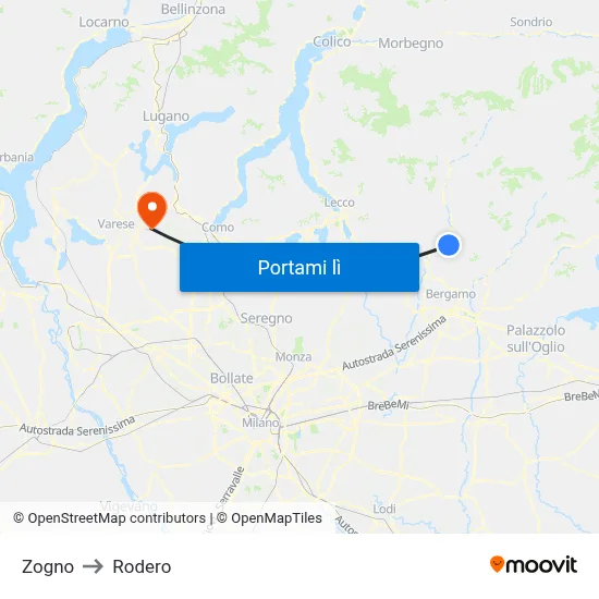 Zogno to Rodero map