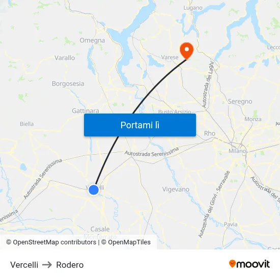 Vercelli to Rodero map
