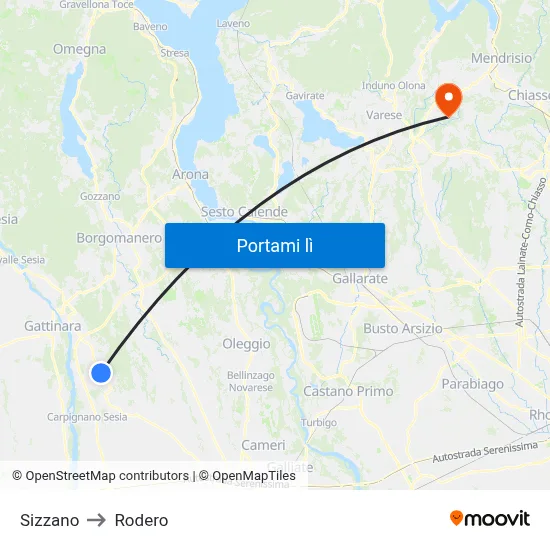 Sizzano to Rodero map