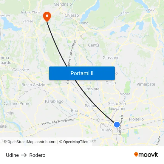 Udine to Rodero map