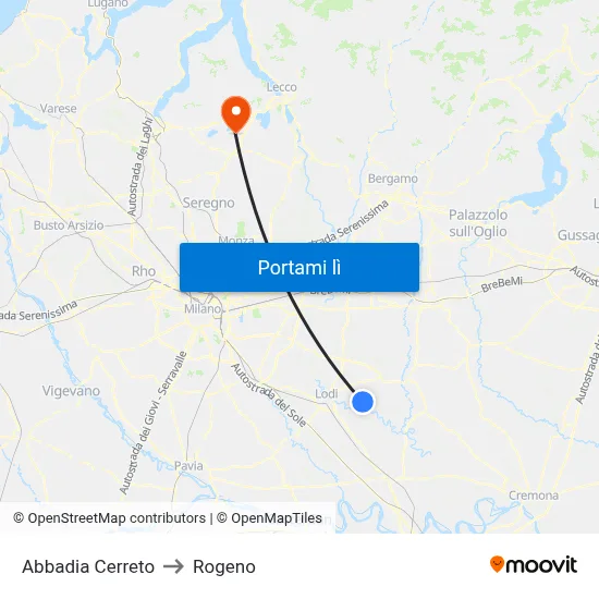 Abbadia Cerreto to Rogeno map