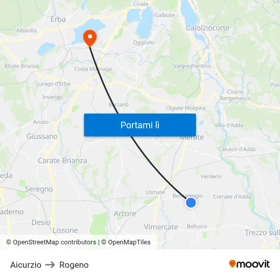 Aicurzio to Rogeno map