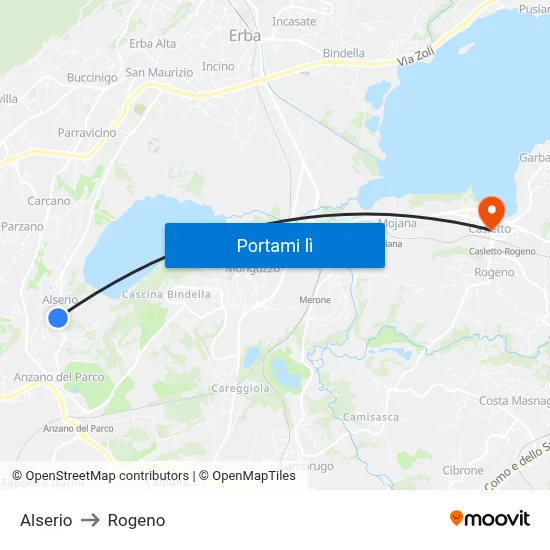 Alserio to Rogeno map