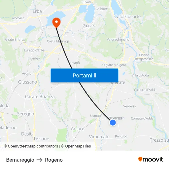 Bernareggio to Rogeno map