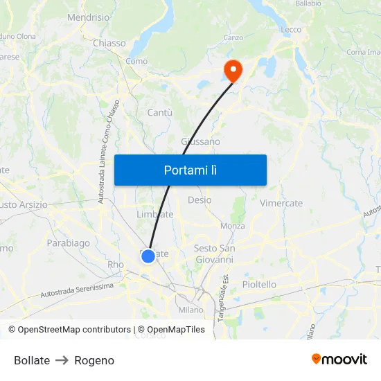 Bollate to Rogeno map