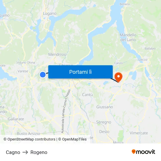 Cagno to Rogeno map