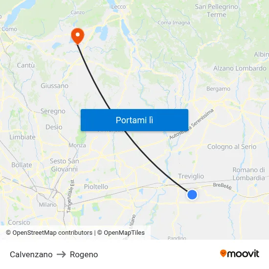 Calvenzano to Rogeno map