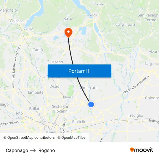 Caponago to Rogeno map
