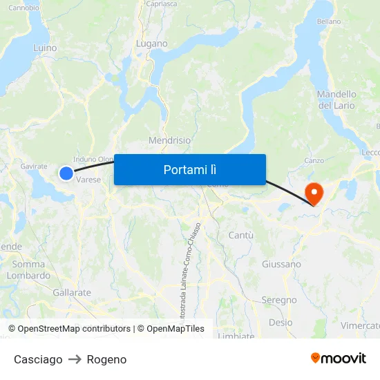 Casciago to Rogeno map