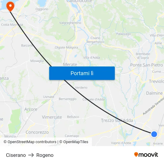 Ciserano to Rogeno map