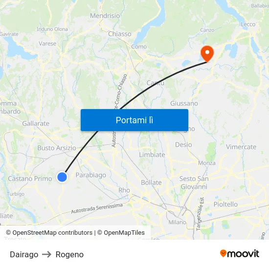 Dairago to Rogeno map
