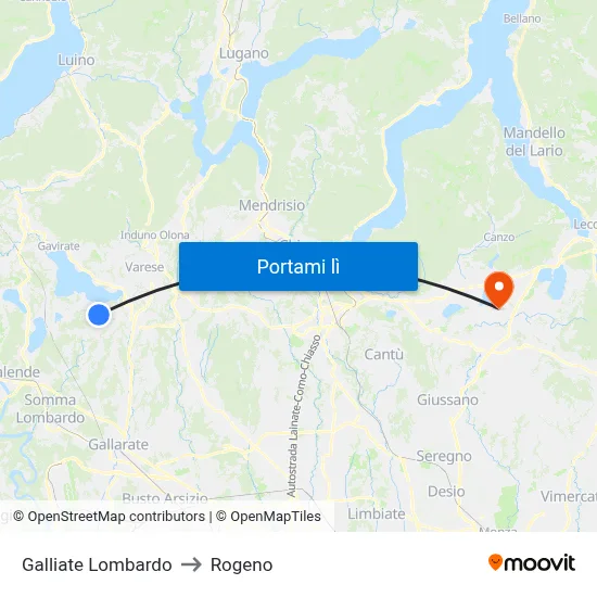 Galliate Lombardo to Rogeno map