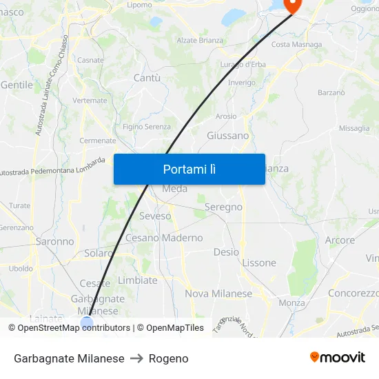 Garbagnate Milanese to Rogeno map