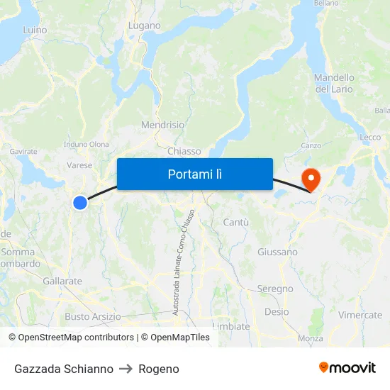 Gazzada Schianno to Rogeno map
