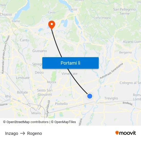 Inzago to Rogeno map