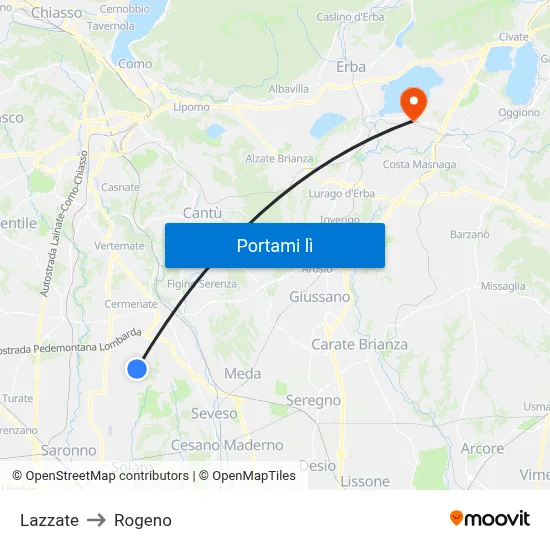 Lazzate to Rogeno map