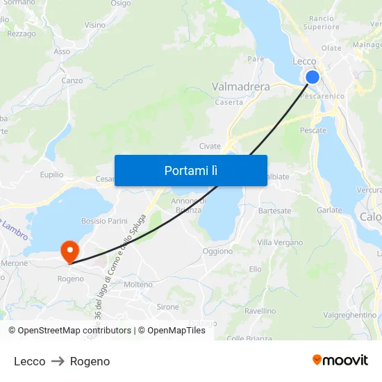 Lecco to Rogeno map