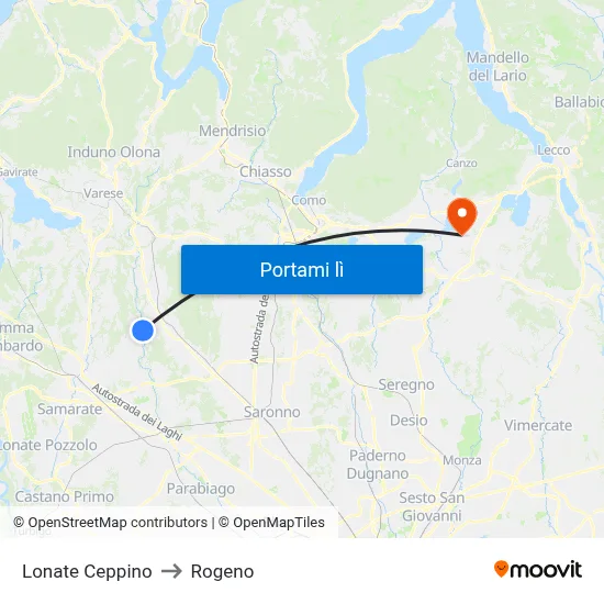 Lonate Ceppino to Rogeno map