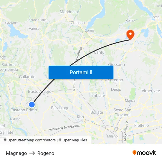 Magnago to Rogeno map