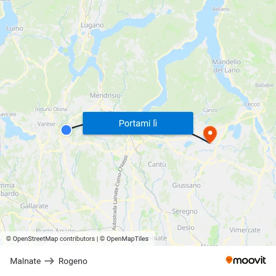 Malnate to Rogeno map