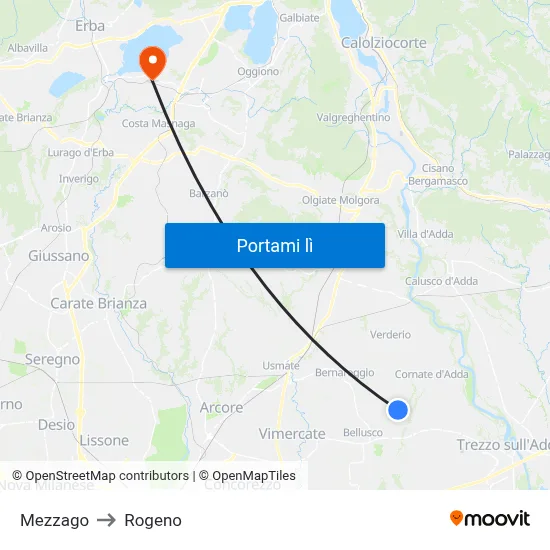 Mezzago to Rogeno map